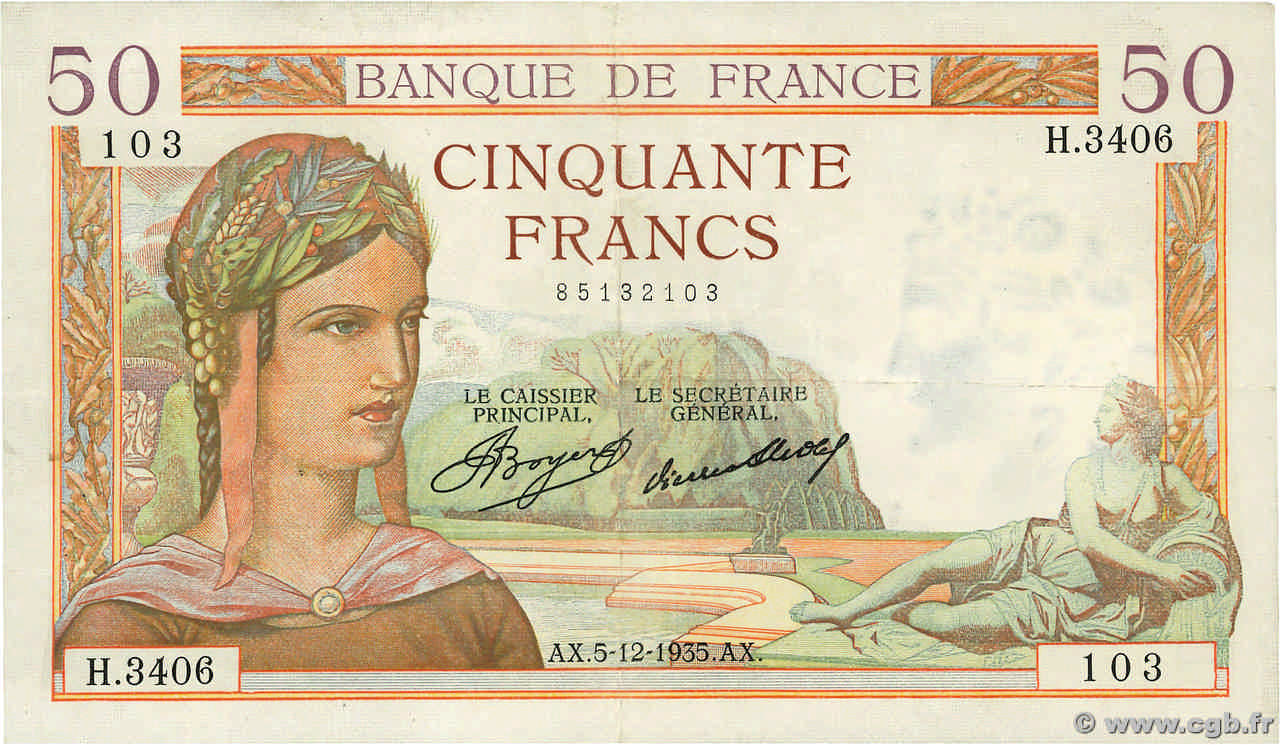 50 Francs CÉRÈS FRANKREICH  1935 F.17.20 VZ