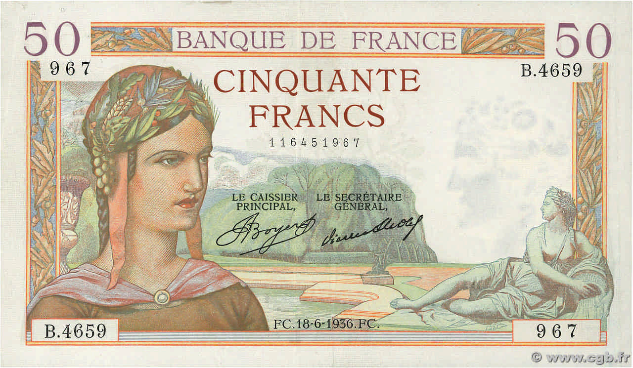 50 Francs CÉRÈS FRANKREICH  1936 F.17.27 VZ