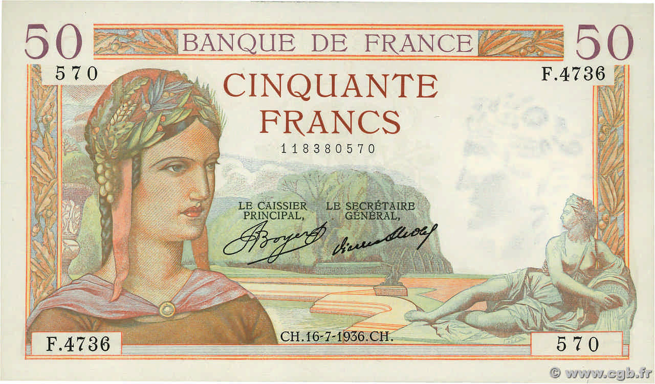 50 Francs CÉRÈS FRANCIA  1936 F.17.28 SPL+