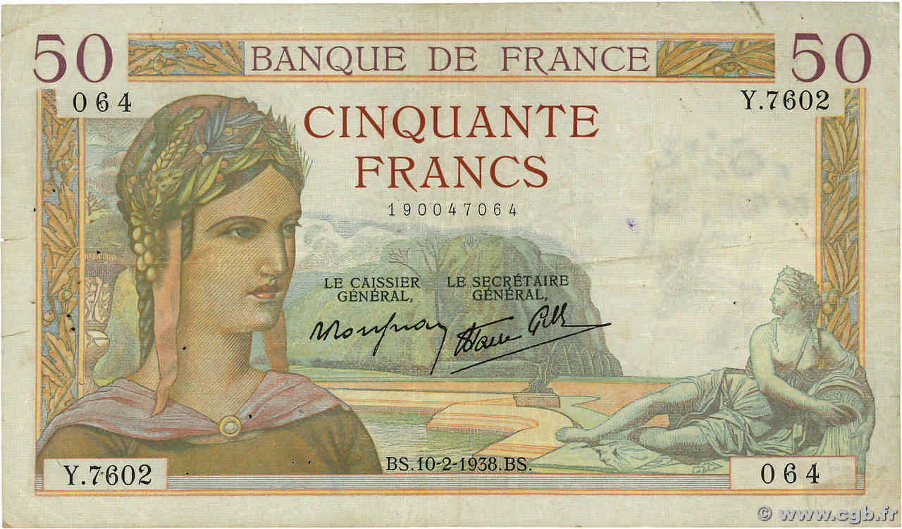 50 Francs CÉRÈS modifié FRANCE  1938 F.18.08 TB