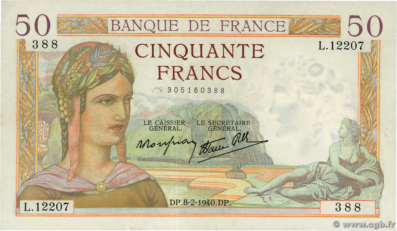 50 Francs CÉRÈS modifié FRANKREICH  1940 F.18.38 VZ