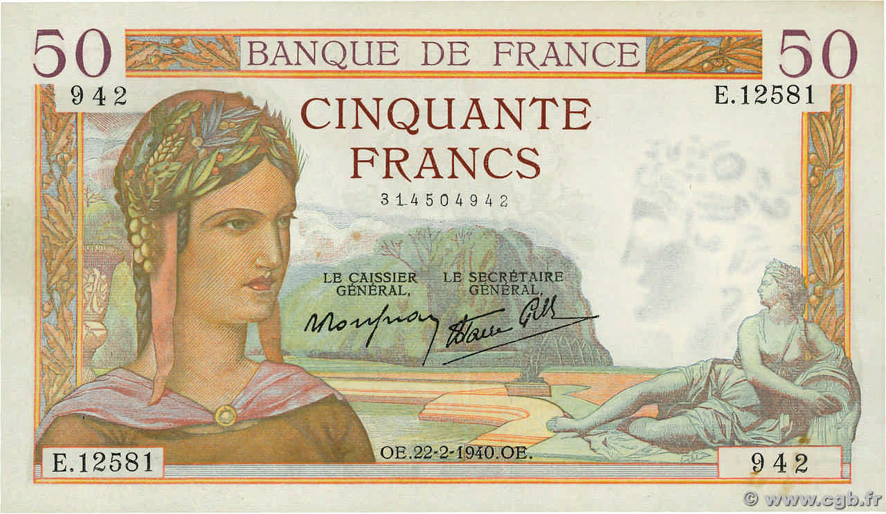 50 Francs CÉRÈS modifié FRANCE  1940 F.18.39 AU