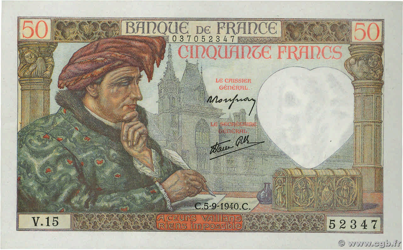 50 Francs JACQUES CŒUR FRANCIA  1940 F.19.02 AU