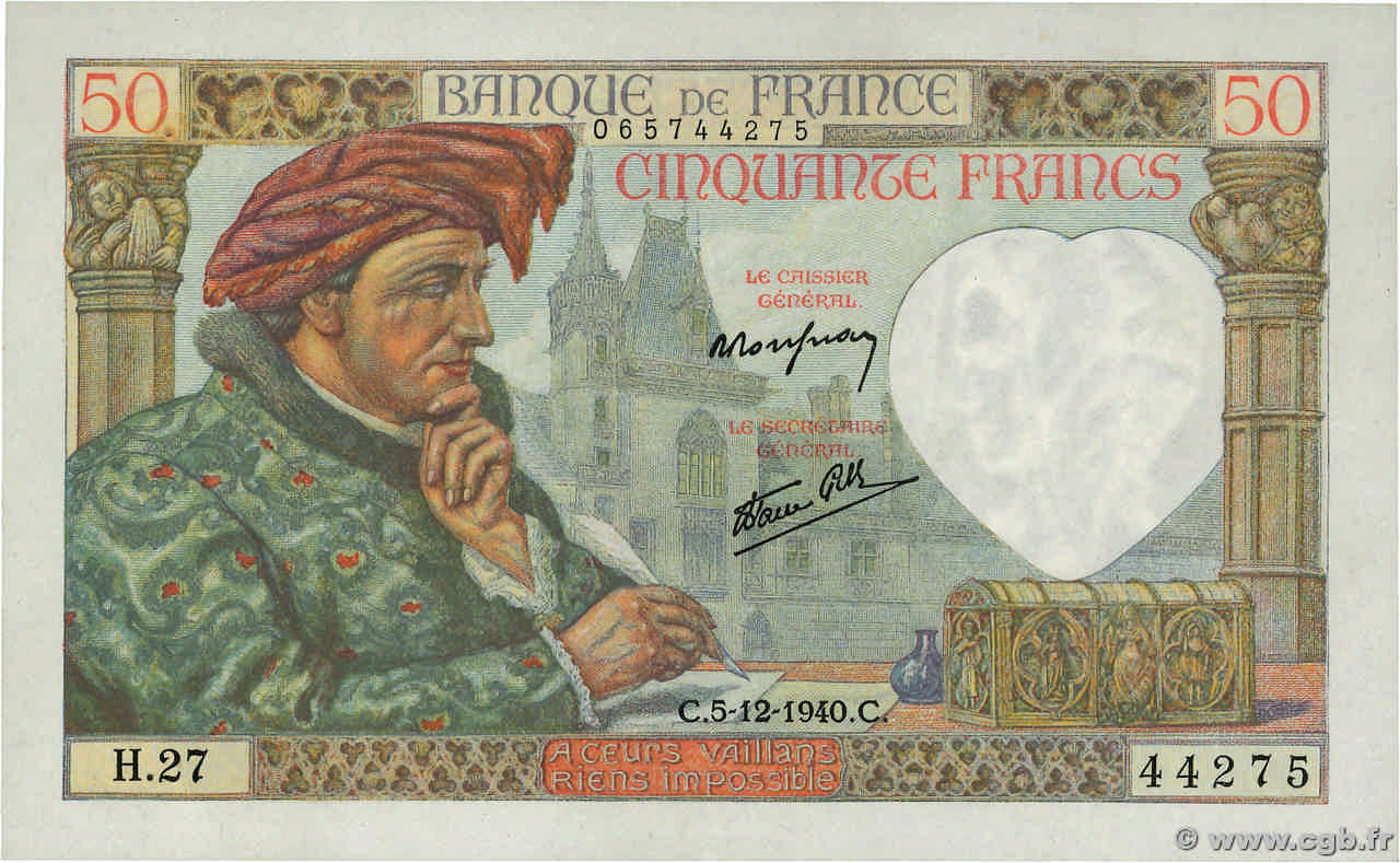 50 Francs JACQUES CŒUR FRANKREICH  1940 F.19.04 VZ