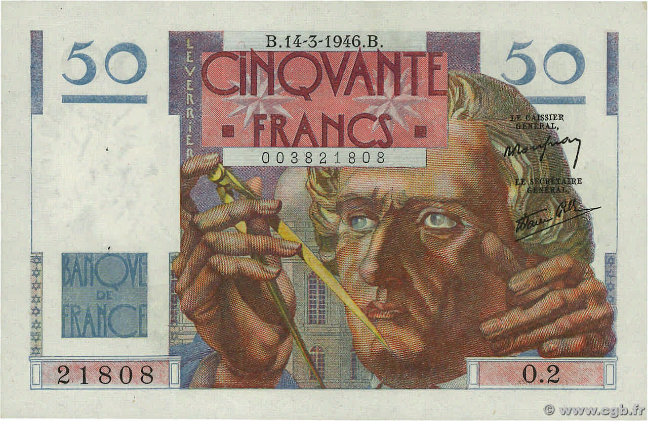 50 Francs LE VERRIER FRANCE  1946 F.20.01 AU
