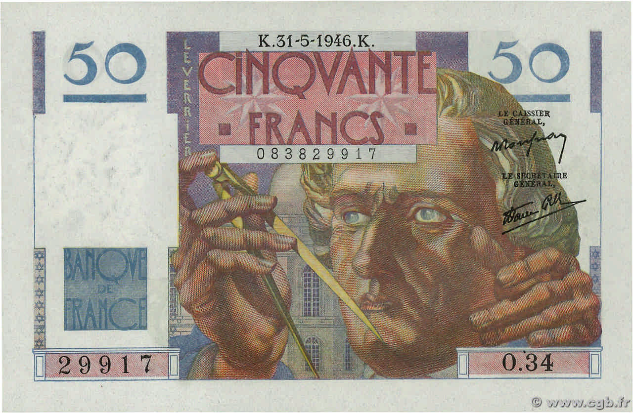 50 Francs LE VERRIER FRANCIA  1946 F.20.05 FDC