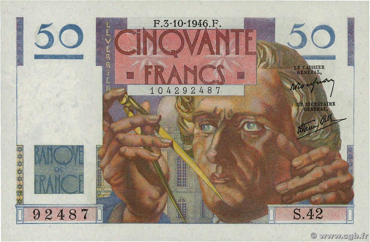 50 Francs LE VERRIER FRANCE  1946 F.20.06 UNC