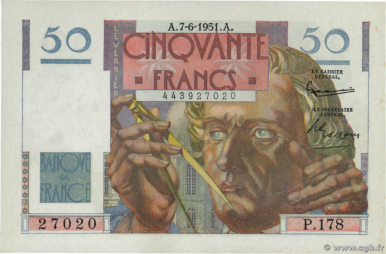 50 Francs LE VERRIER FRANCIA  1951 F.20.18 q.FDC