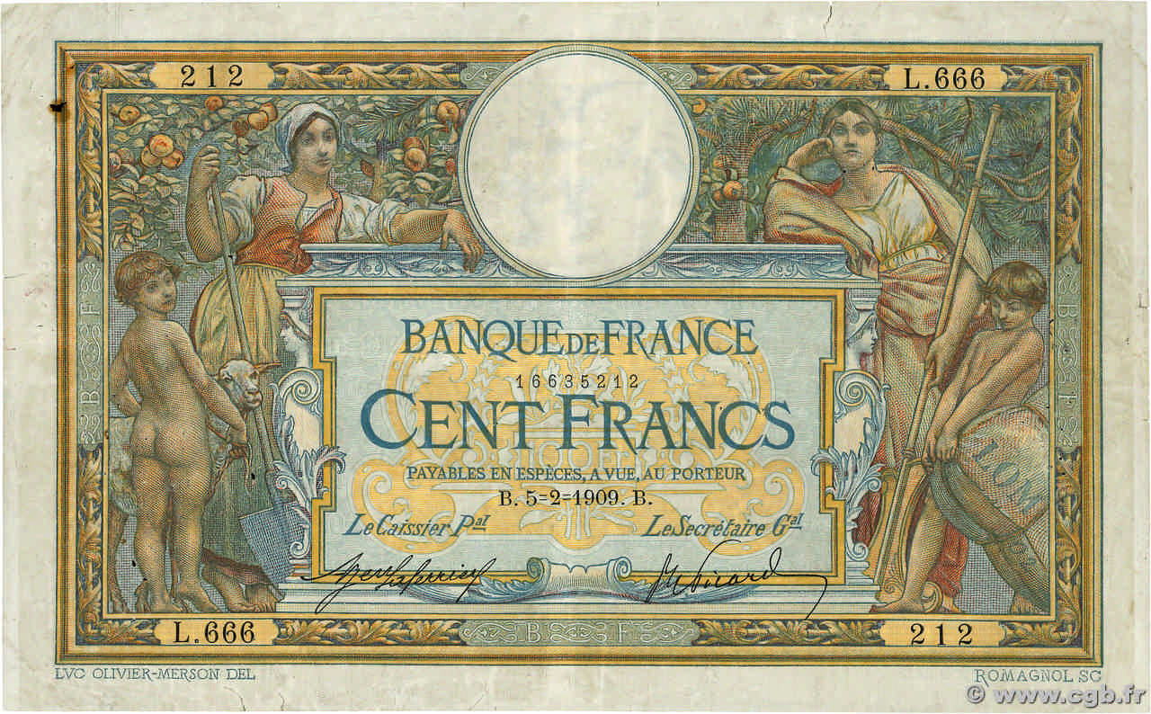 100 Francs LUC OLIVIER MERSON avec LOM FRANCIA  1909 F.22.02 MB