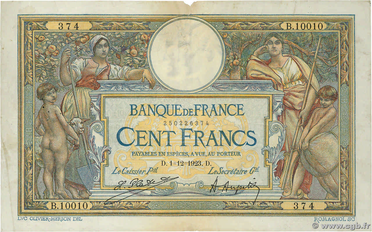 100 Francs LUC OLIVIER MERSON grands cartouches FRANCIA  1923 F.24.01 BC