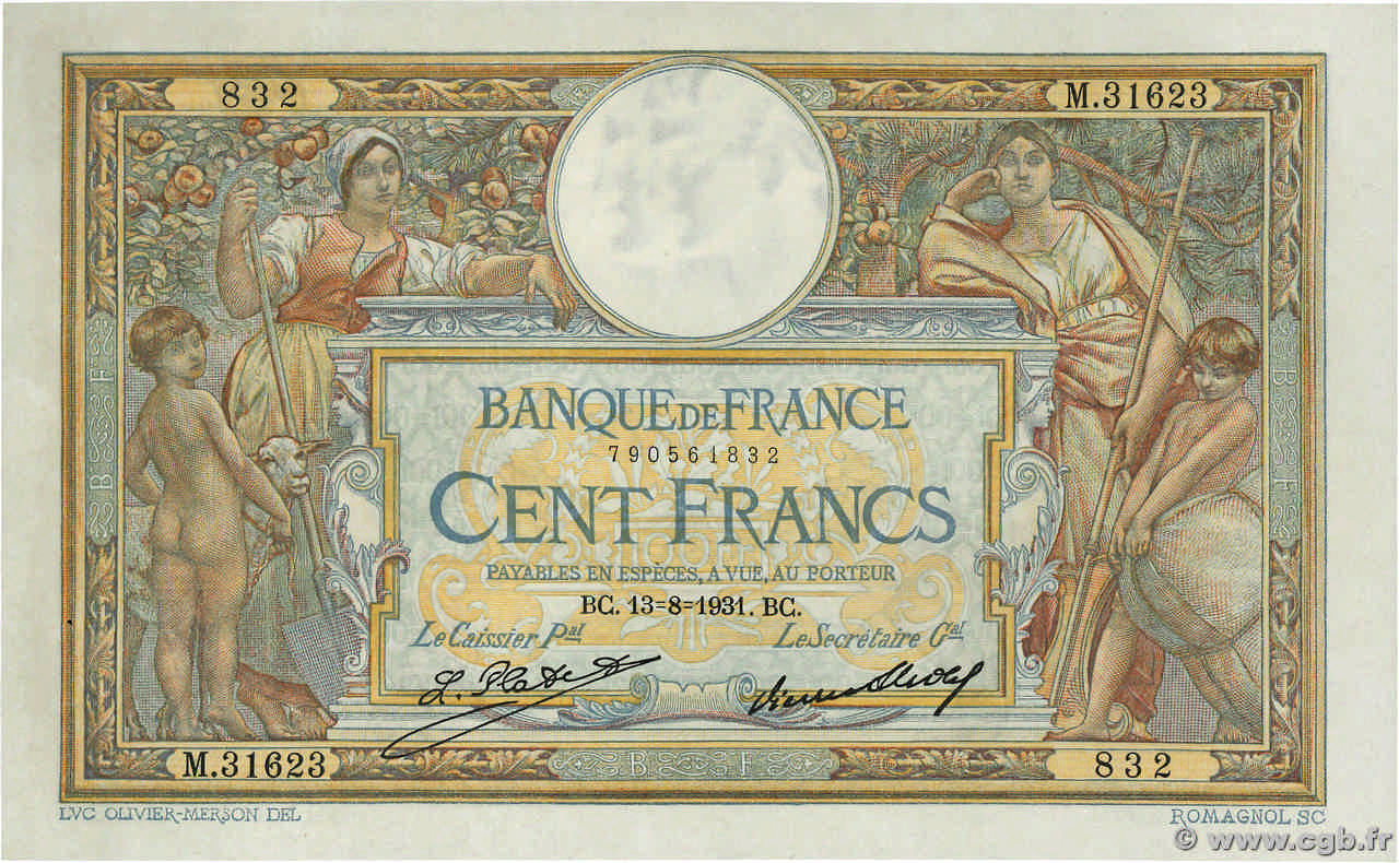 100 Francs LUC OLIVIER MERSON grands cartouches FRANCE  1931 F.24.10 AU