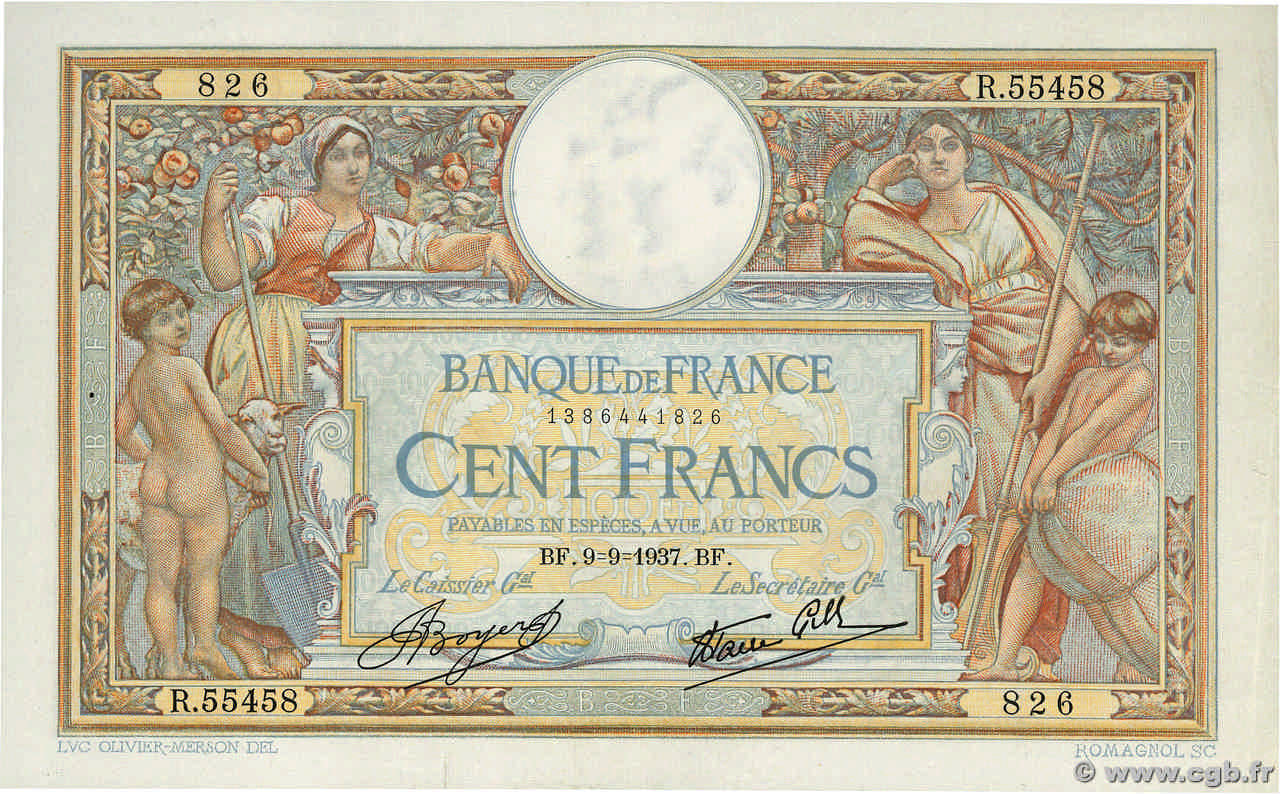 100 Francs LUC OLIVIER MERSON type modifié FRANCE  1937 F.25.01 XF+