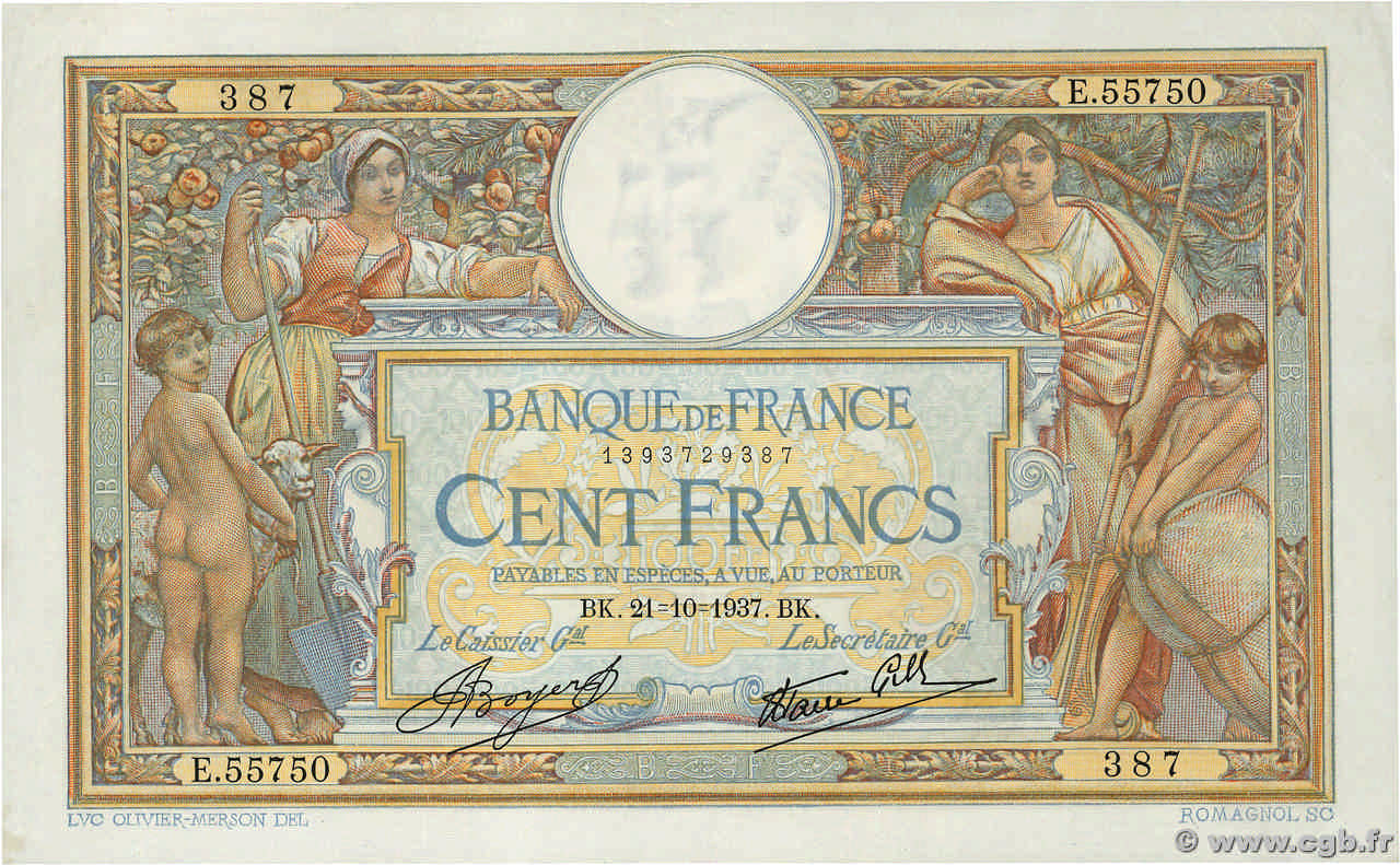 100 Francs LUC OLIVIER MERSON type modifié FRANCIA  1937 F.25.03 EBC
