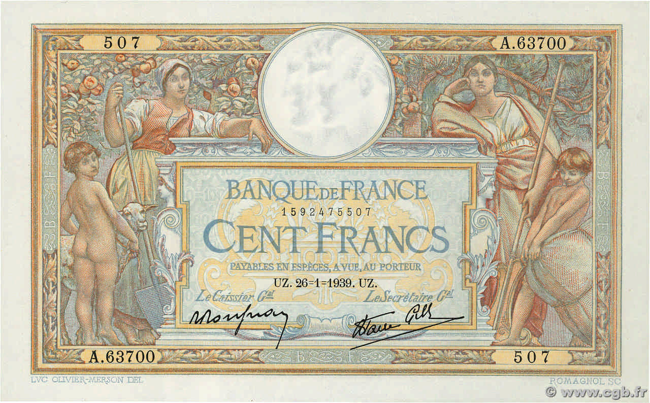 100 Francs LUC OLIVIER MERSON type modifié FRANCIA  1939 F.25.40a SC+