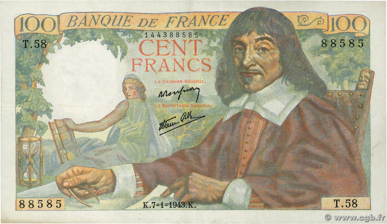 100 Francs DESCARTES FRANCIA  1943 F.27.03 MBC+