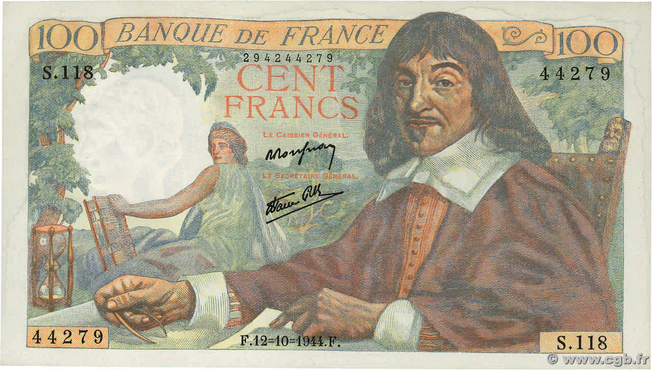 100 Francs DESCARTES FRANCIA  1944 F.27.08 SC+