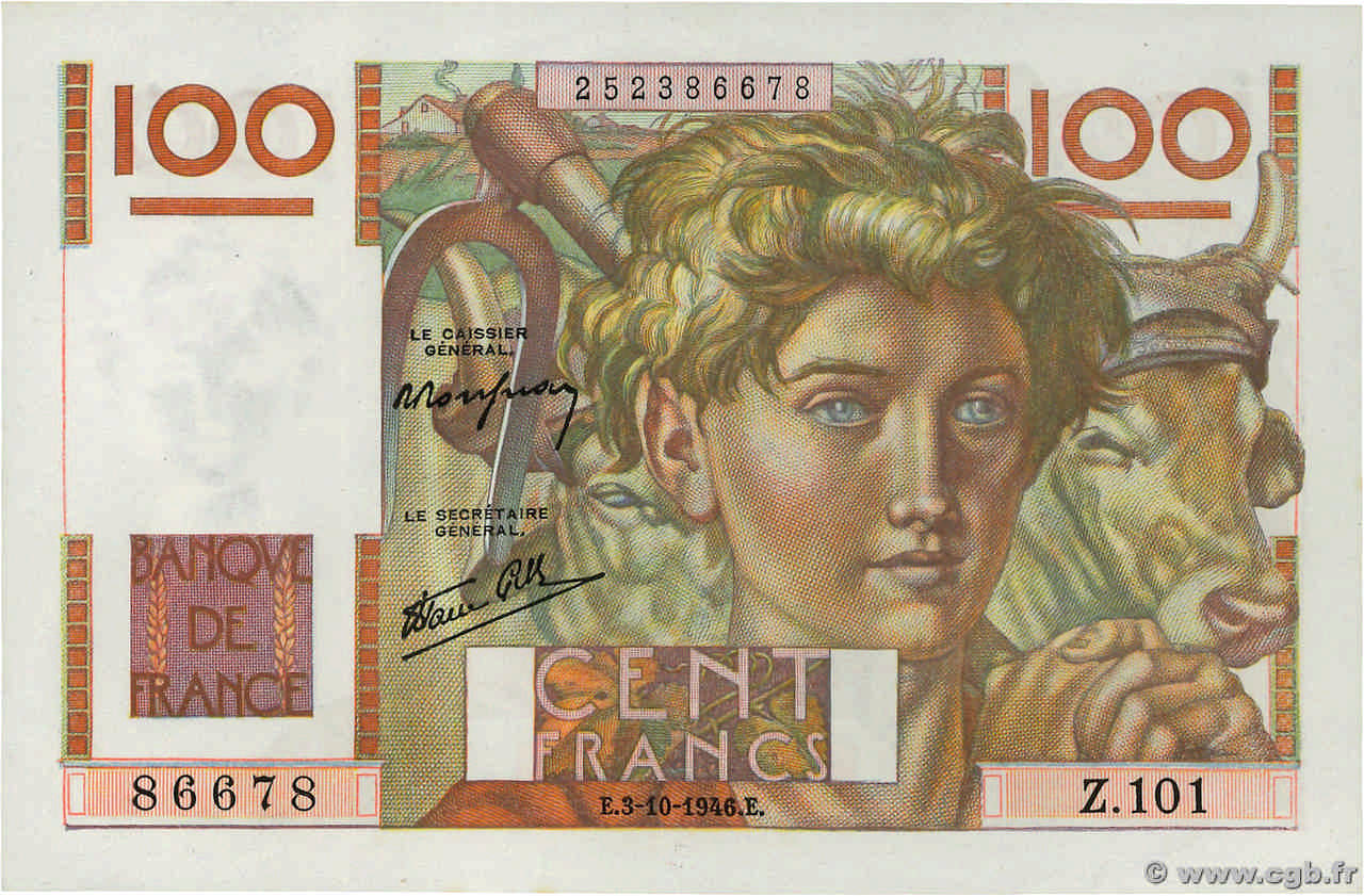100 Francs JEUNE PAYSAN FRANCIA  1946 F.28.09 q.FDC