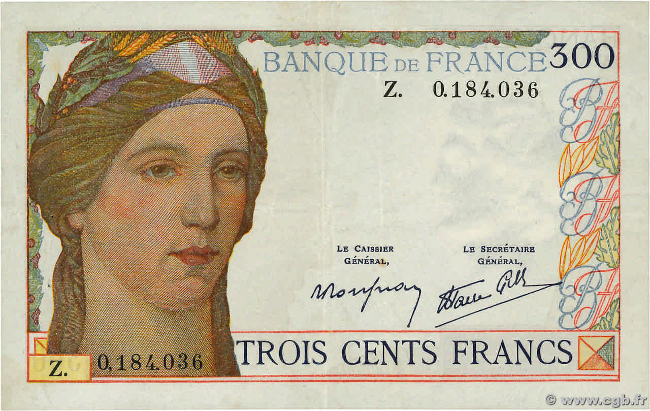 300 Francs FRANCE  1939 F.29.03 VF+