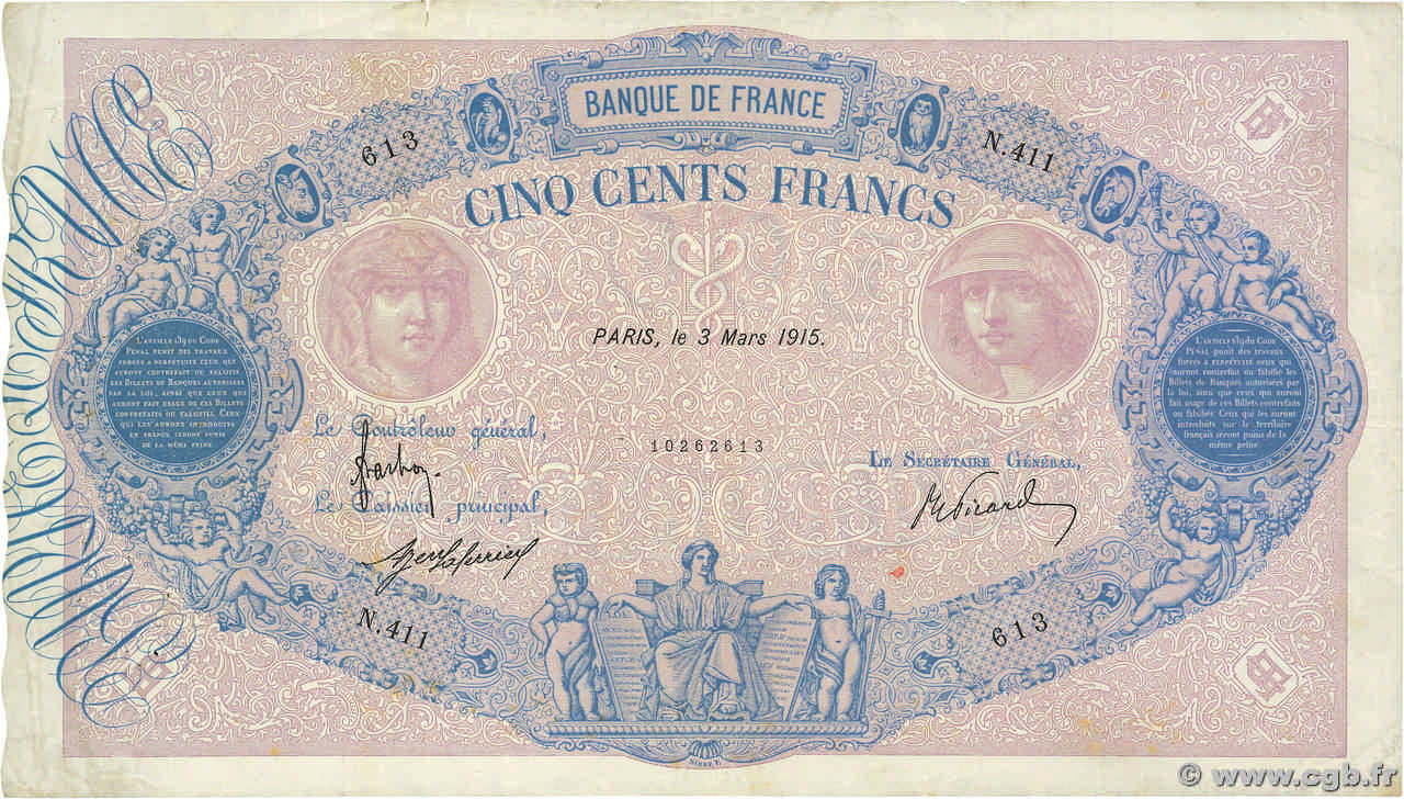 500 Francs BLEU ET ROSE FRANCE  1915 F.30.22 pr.TTB