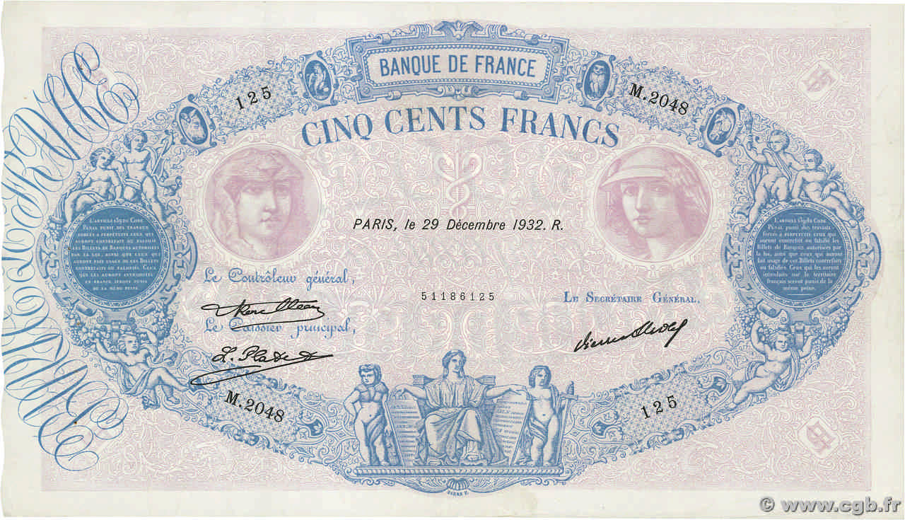 500 Francs BLEU ET ROSE FRANKREICH  1932 F.30.35 VZ