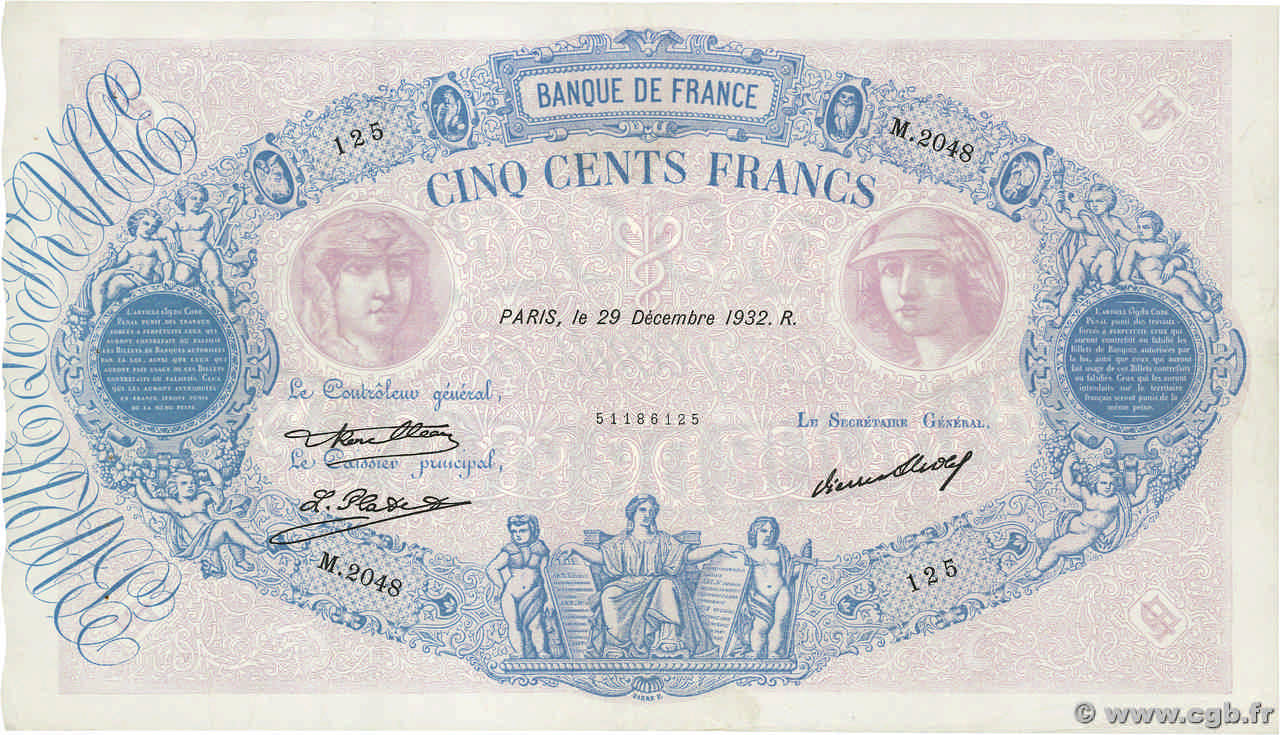 500 Francs BLEU ET ROSE FRANCIA  1932 F.30.35 EBC