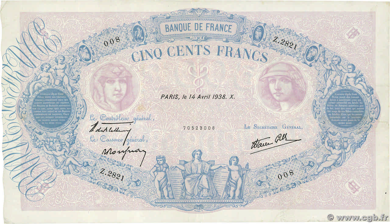 500 Francs BLEU ET ROSE modifié FRANCE  1938 F.31.08 TTB