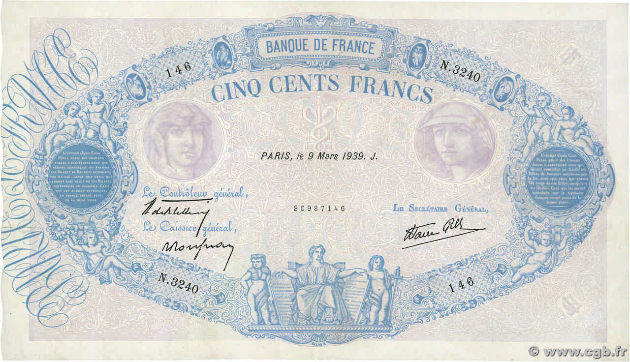 500 Francs BLEU ET ROSE modifié FRANCE  1939 F.31.26 TTB+