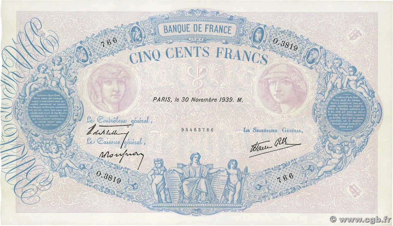 500 Francs BLEU ET ROSE modifié FRANCIA  1939 F.31.50 SPL+