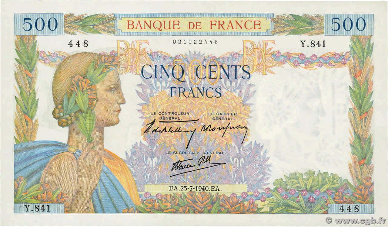 500 Francs LA PAIX FRANCE  1940 F.32.05 UNC-