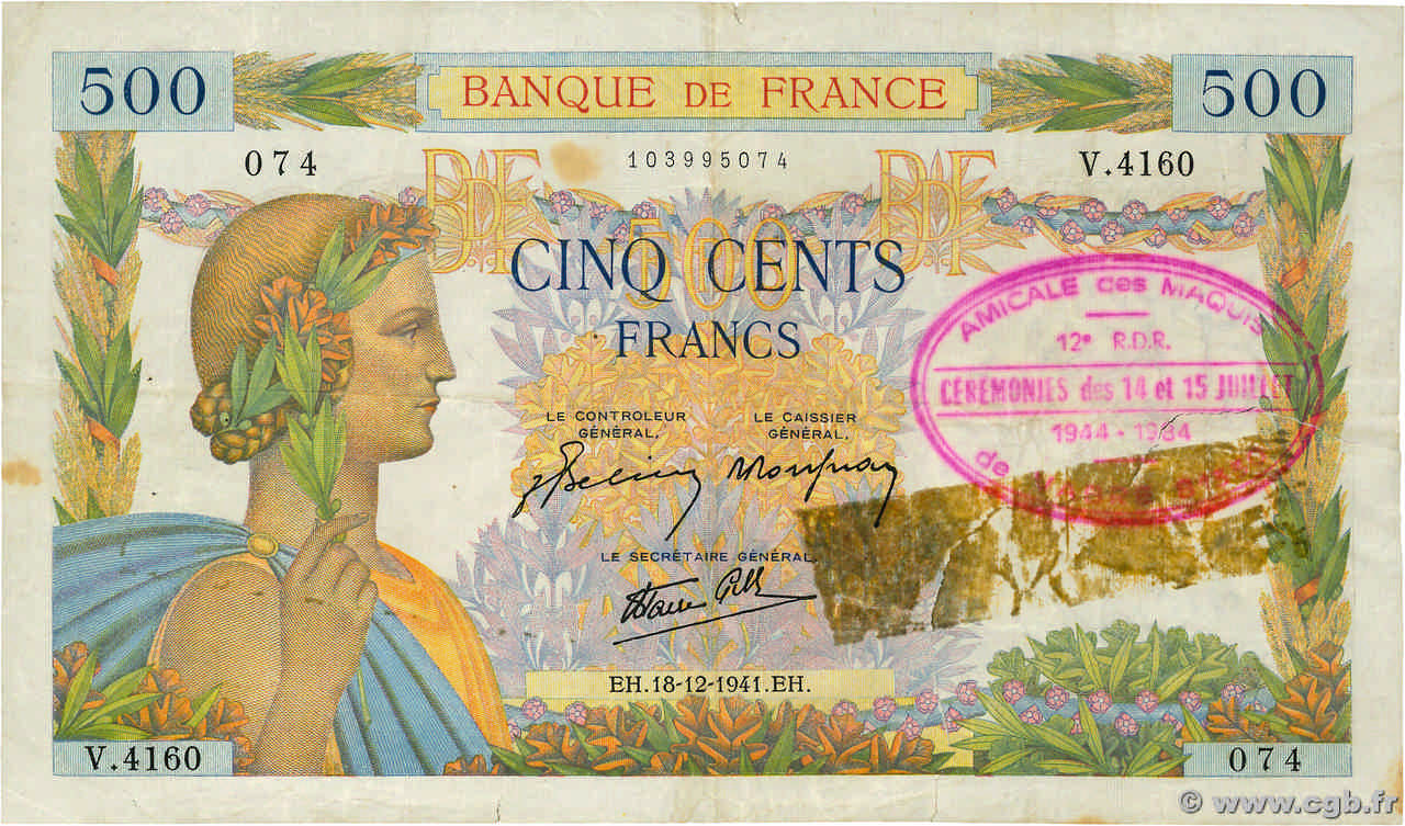 500 Francs LA PAIX Commémoratif FRANCIA  1941 F.32.25 BC+