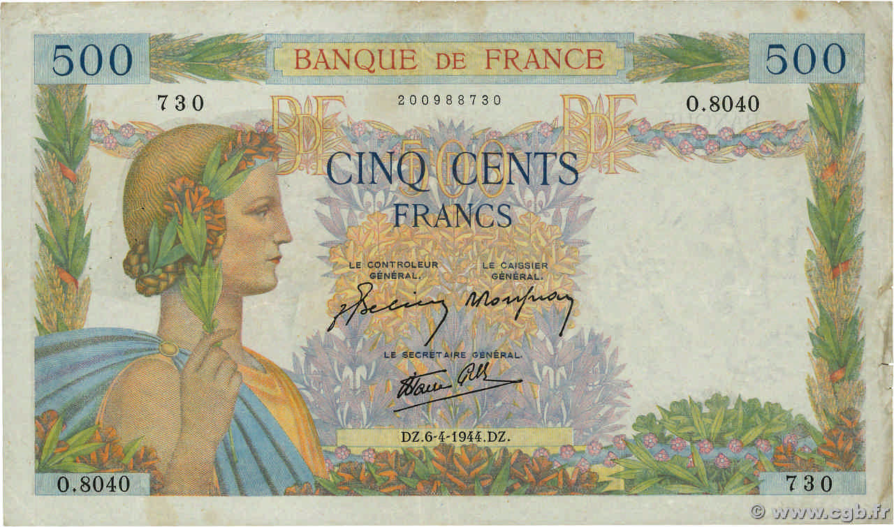 500 Francs LA PAIX FRANCE  1944 F.32.46 TB+