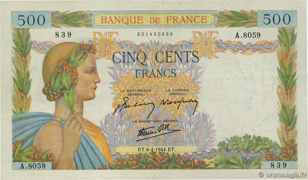 500 Francs LA PAIX FRANKREICH  1944 F.32.46 fVZ