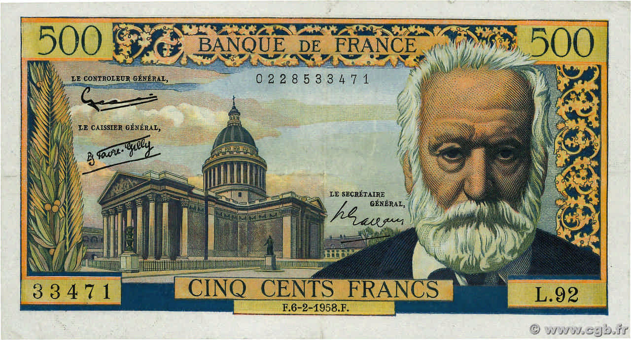 500 Francs VICTOR HUGO Fauté FRANCE  1958 F.35.08 XF