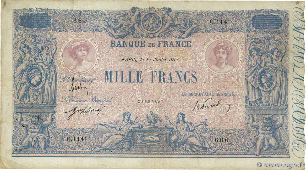 1000 Francs BLEU ET ROSE FRANCIA  1918 F.36.32 BC