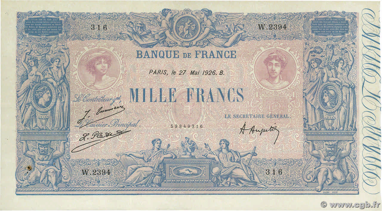 1000 Francs BLEU ET ROSE FRANCE  1926 F.36.42 TTB