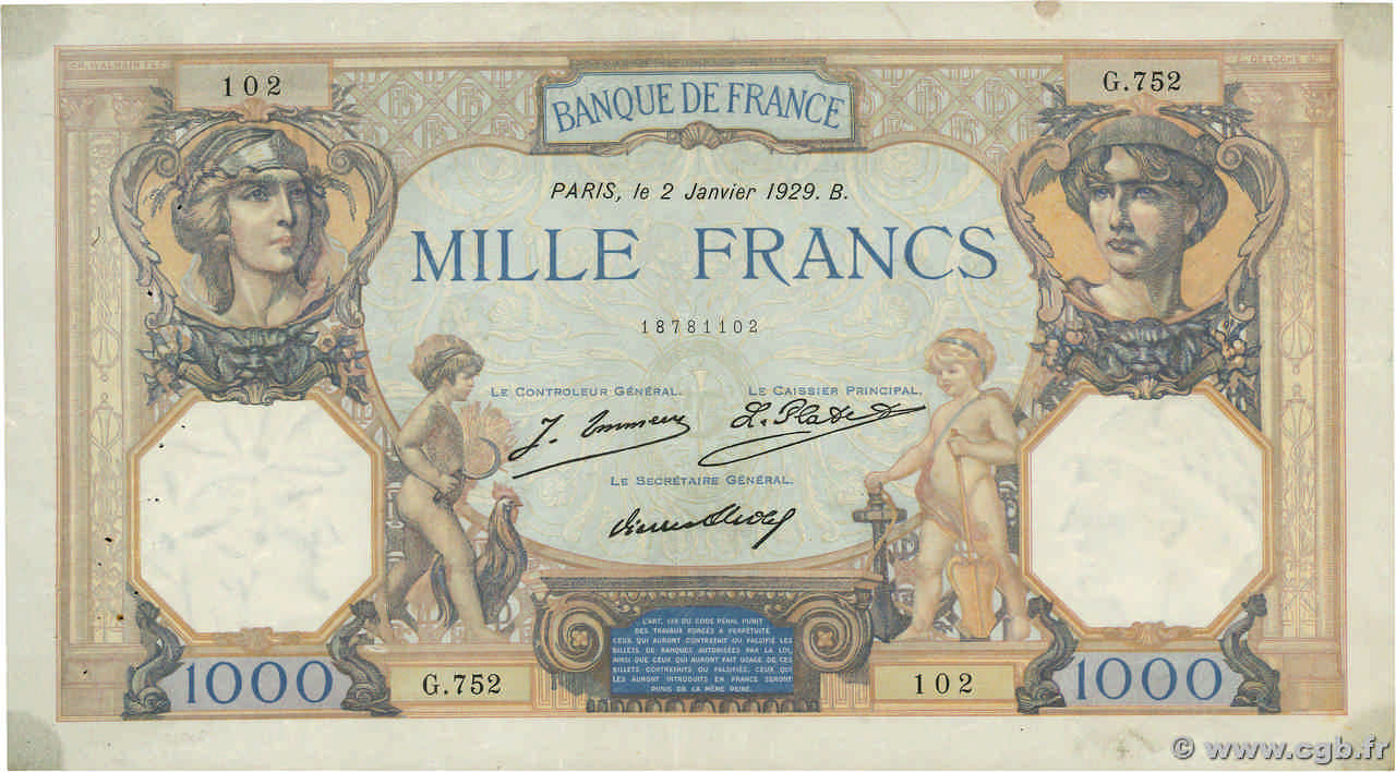 1000 Francs CÉRÈS ET MERCURE FRANCIA  1929 F.37.03 MBC