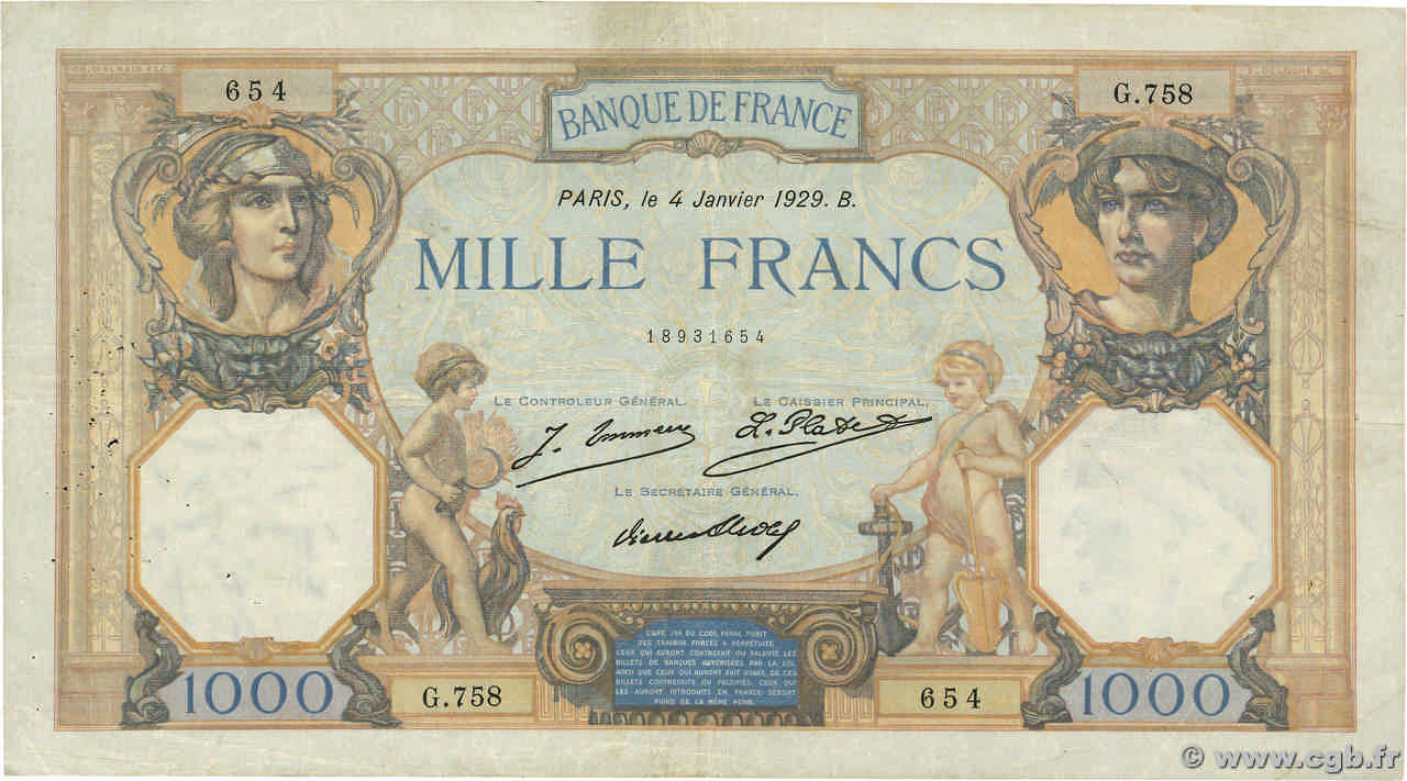 1000 Francs CÉRÈS ET MERCURE FRANCE  1929 F.37.03 TB+