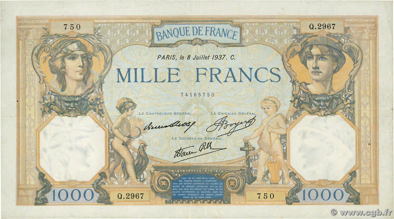 1000 Francs CÉRÈS ET MERCURE type modifié FRANCE  1937 F.38.01 VF+