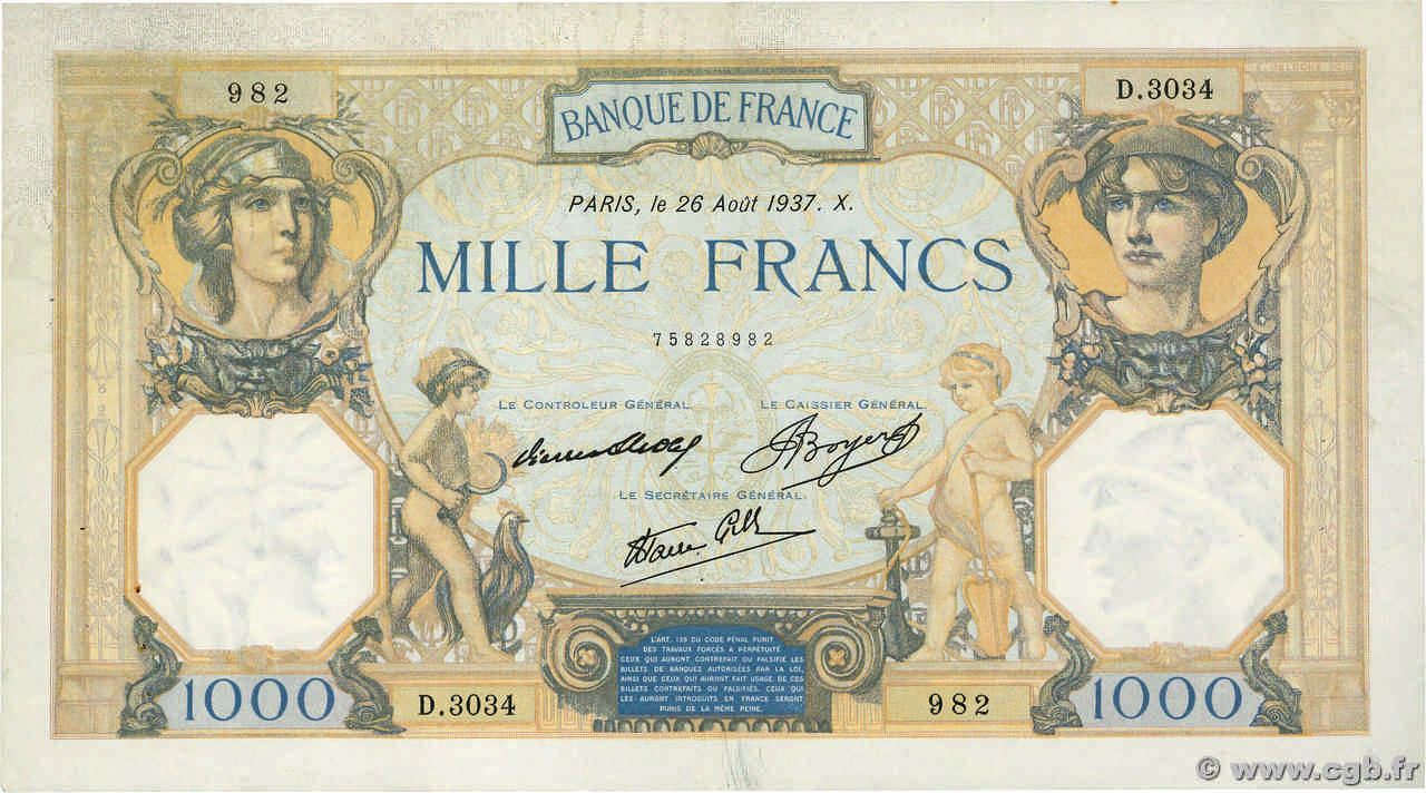 1000 Francs CÉRÈS ET MERCURE type modifié FRANKREICH  1937 F.38.03 SS