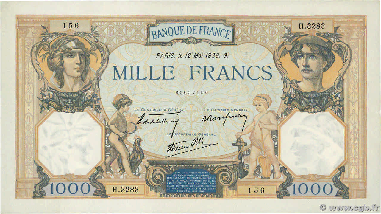 1000 Francs CÉRÈS ET MERCURE type modifié FRANCIA  1938 F.38.14 SPL