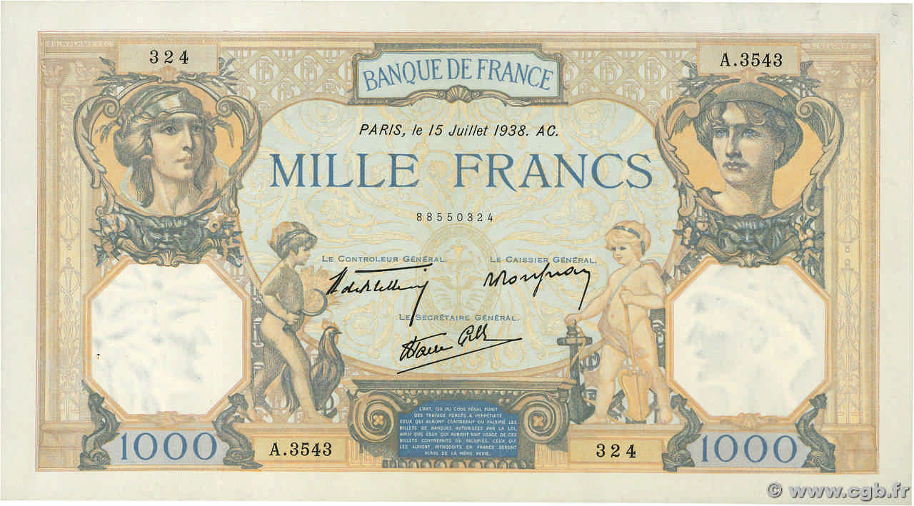 1000 Francs CÉRÈS ET MERCURE type modifié FRANKREICH  1938 F.38.23 fST
