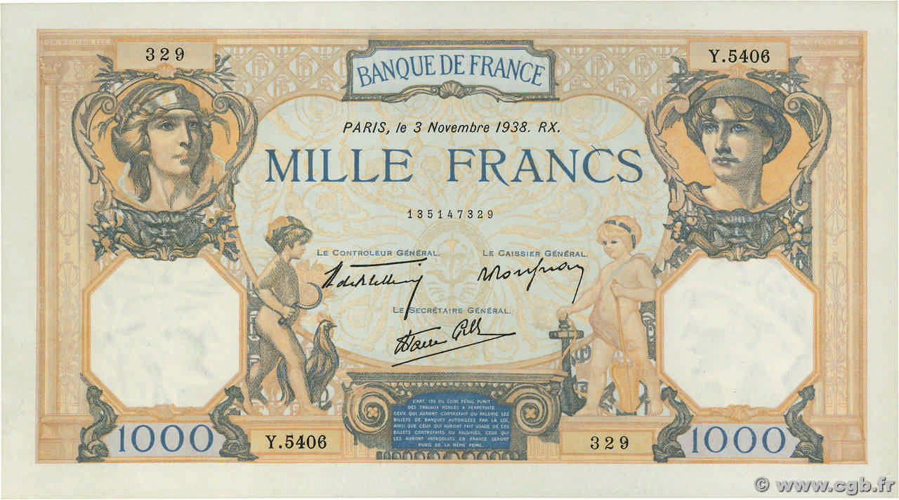 1000 Francs CÉRÈS ET MERCURE type modifié FRANKREICH  1938 F.38.32 fST+