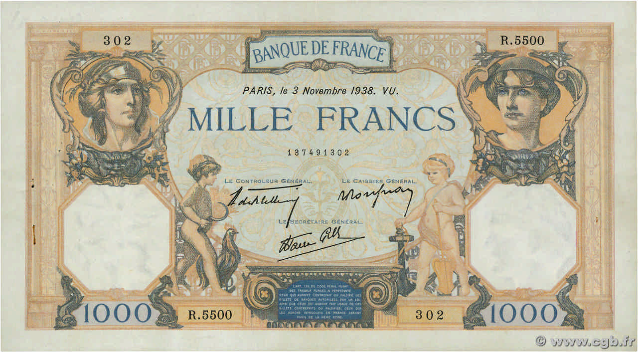 1000 Francs CÉRÈS ET MERCURE type modifié FRANCIA  1938 F.38.32 q.SPL
