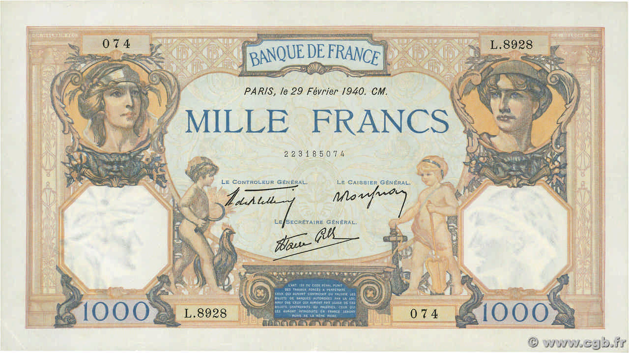 1000 Francs CÉRÈS ET MERCURE type modifié FRANCE  1940 F.38.43 SPL