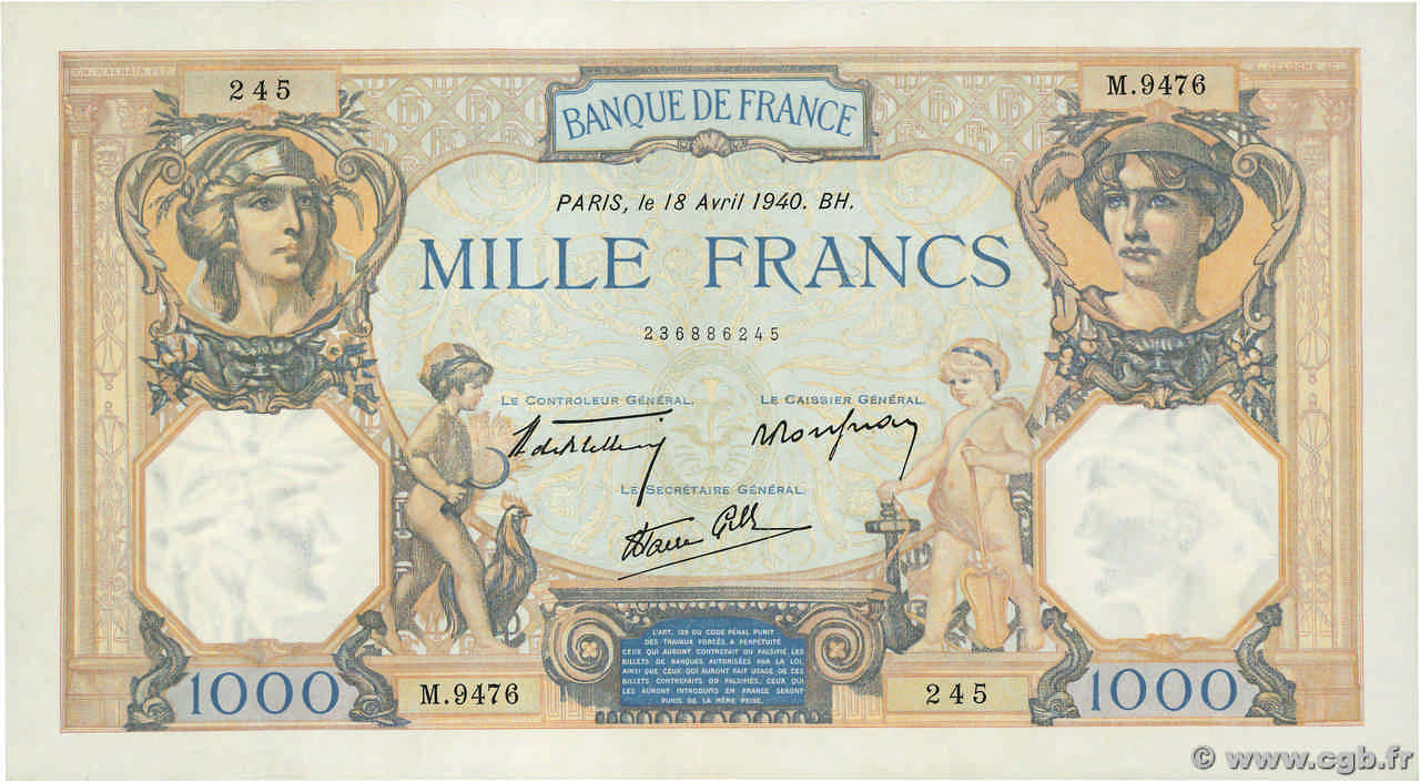 1000 Francs CÉRÈS ET MERCURE type modifié FRANCIA  1940 F.38.46 AU