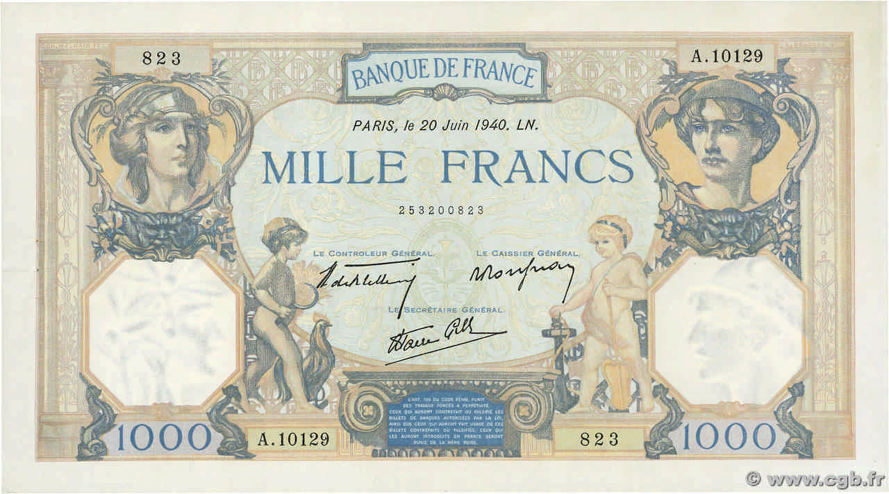 1000 Francs CÉRÈS ET MERCURE type modifié FRANCE  1940 F.38.49 AU