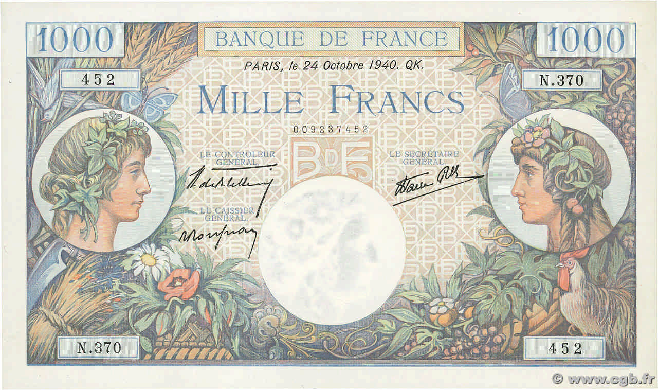 1000 Francs COMMERCE ET INDUSTRIE FRANKREICH  1940 F.39.01 fST+