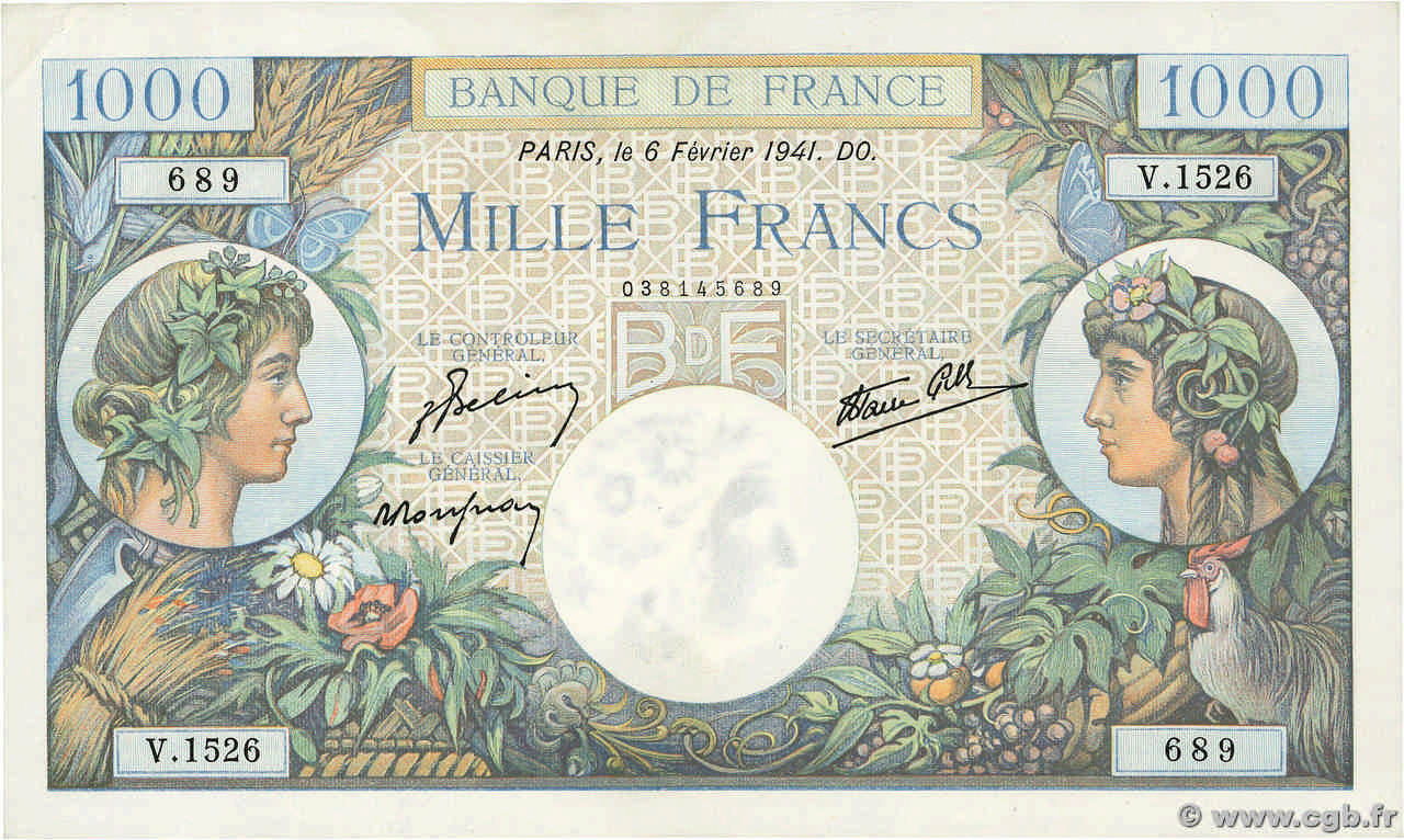 1000 Francs COMMERCE ET INDUSTRIE FRANCE  1941 F.39.04 SUP