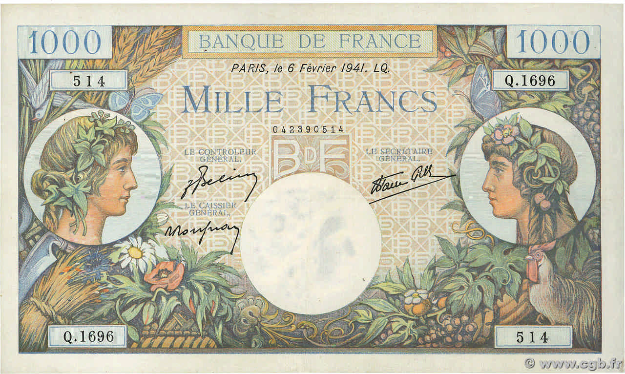 1000 Francs COMMERCE ET INDUSTRIE FRANKREICH  1941 F.39.04 VZ