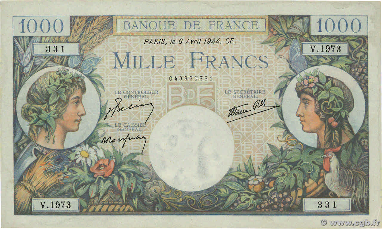 1000 Francs COMMERCE ET INDUSTRIE FRANCIA  1944 F.39.05 EBC+